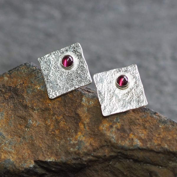 Square sterling silver garnet stud earrings, handmade jewellery