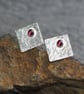 Square sterling silver garnet stud earrings, handmade jewellery