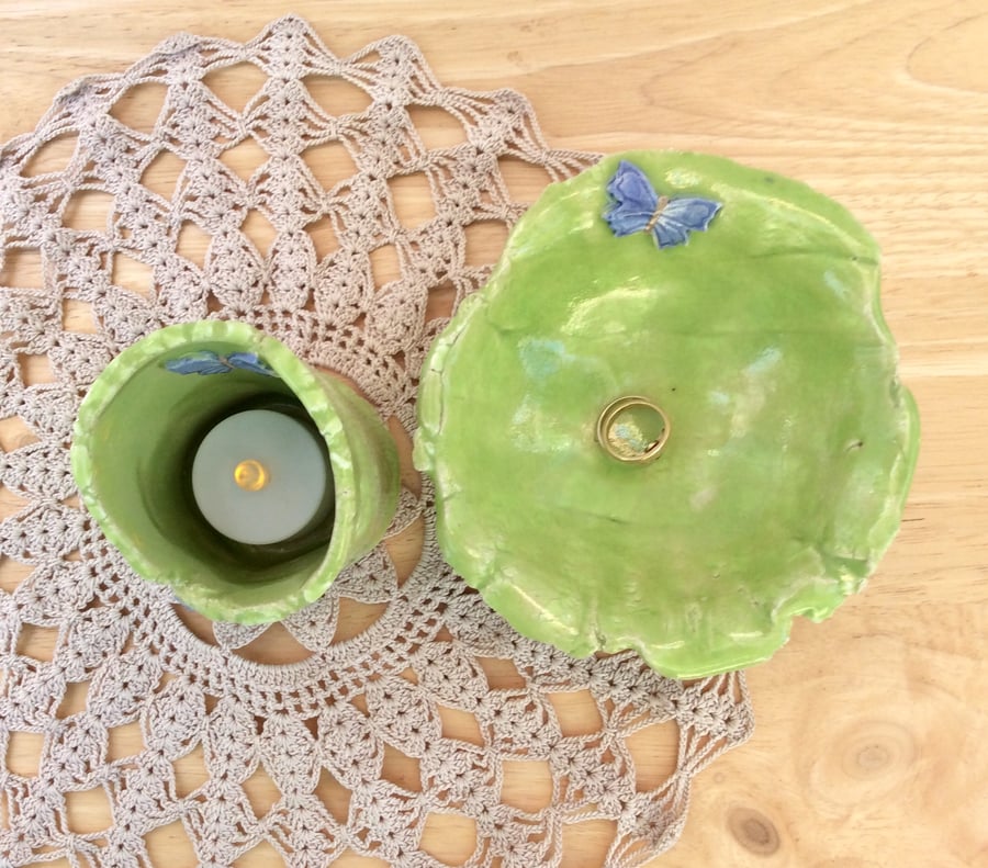 Green ring holder and tea light holder with butterflies, Ceramic trinket dish, 4