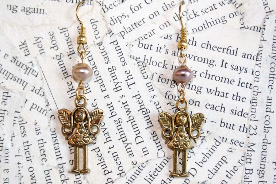 Gold Angel Fairy Charm Pink Bead Earrings