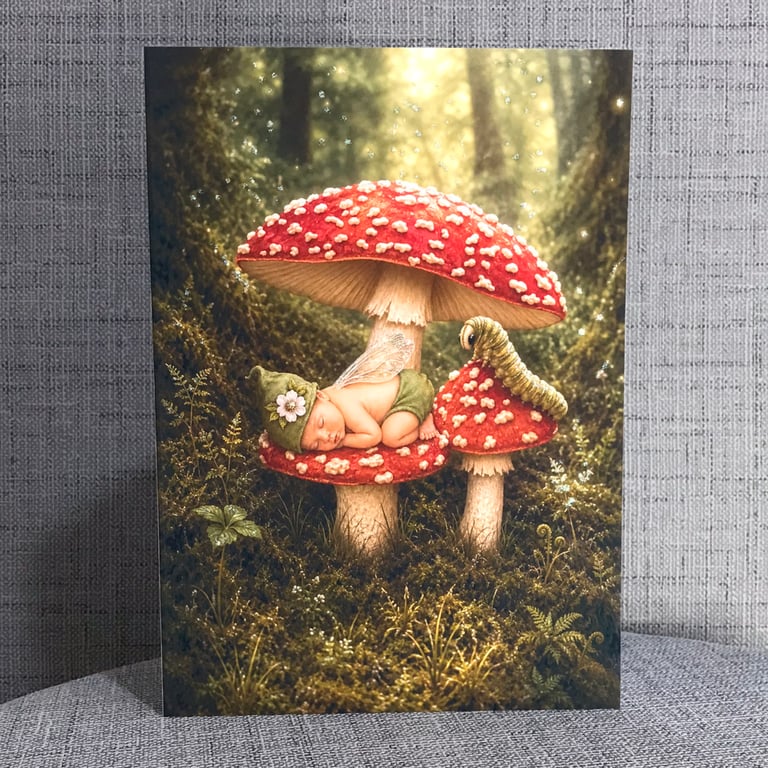 Birthday Card Baby Fairy - Toadstool & Caterpillar Fairy Card - Whimsical A5