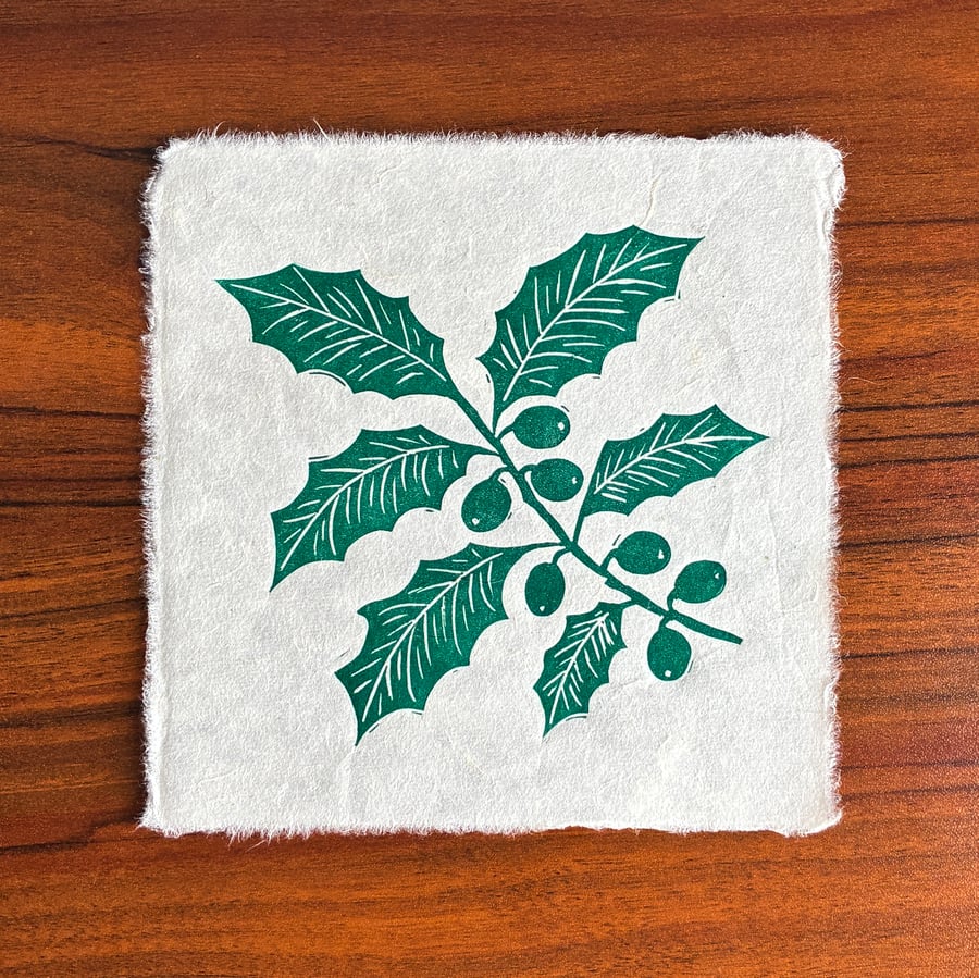 PERFECTLY IMPERFECT Green Holly Branch Original Lino Print