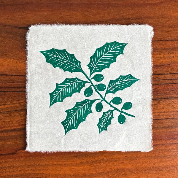 PERFECTLY IMPERFECT Green Holly Branch Original Lino Print
