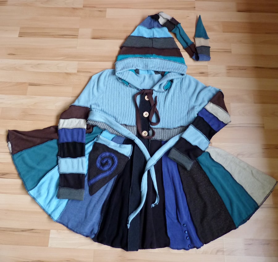 Clearance Sale. Upcycled Coat with Long Hood and Front Pocket. Blues