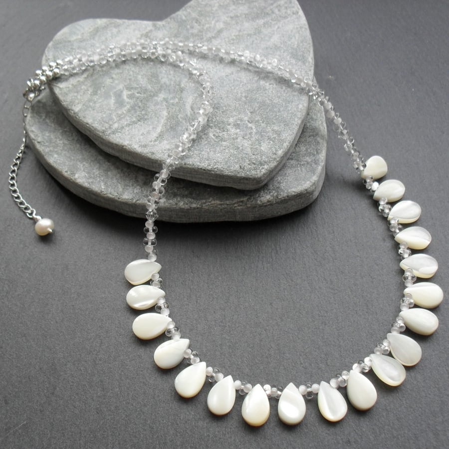 Sterling Silver Shell Necklace With Glass Crystals and Beads Mother Of Pearl