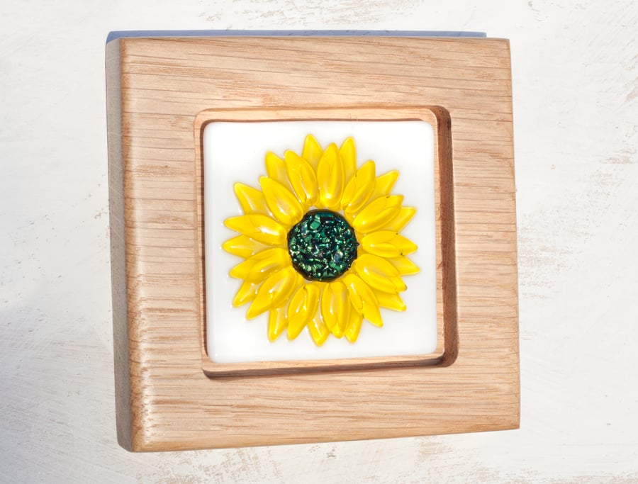 Sunflower - Fused Glass Picture set in a Handmade Oak Block Frame