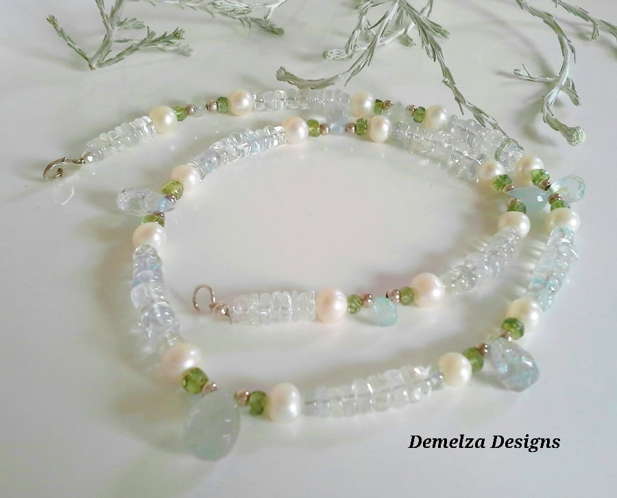 'AA'  Grade Aquamarine, Green Apatite, Freshwater Pearl Sterling Silver Necklace