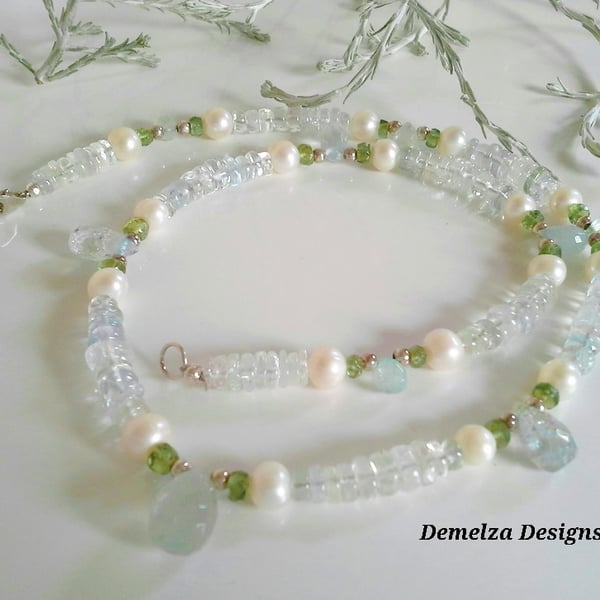 Aquamarine, Green Apatite, Freshwater Pearl Sterling Silver Necklace