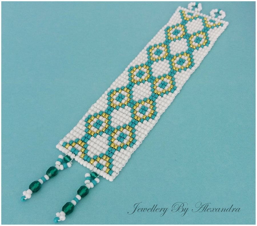 Wide Square Stitch Bracelet-Teal, White and Gold