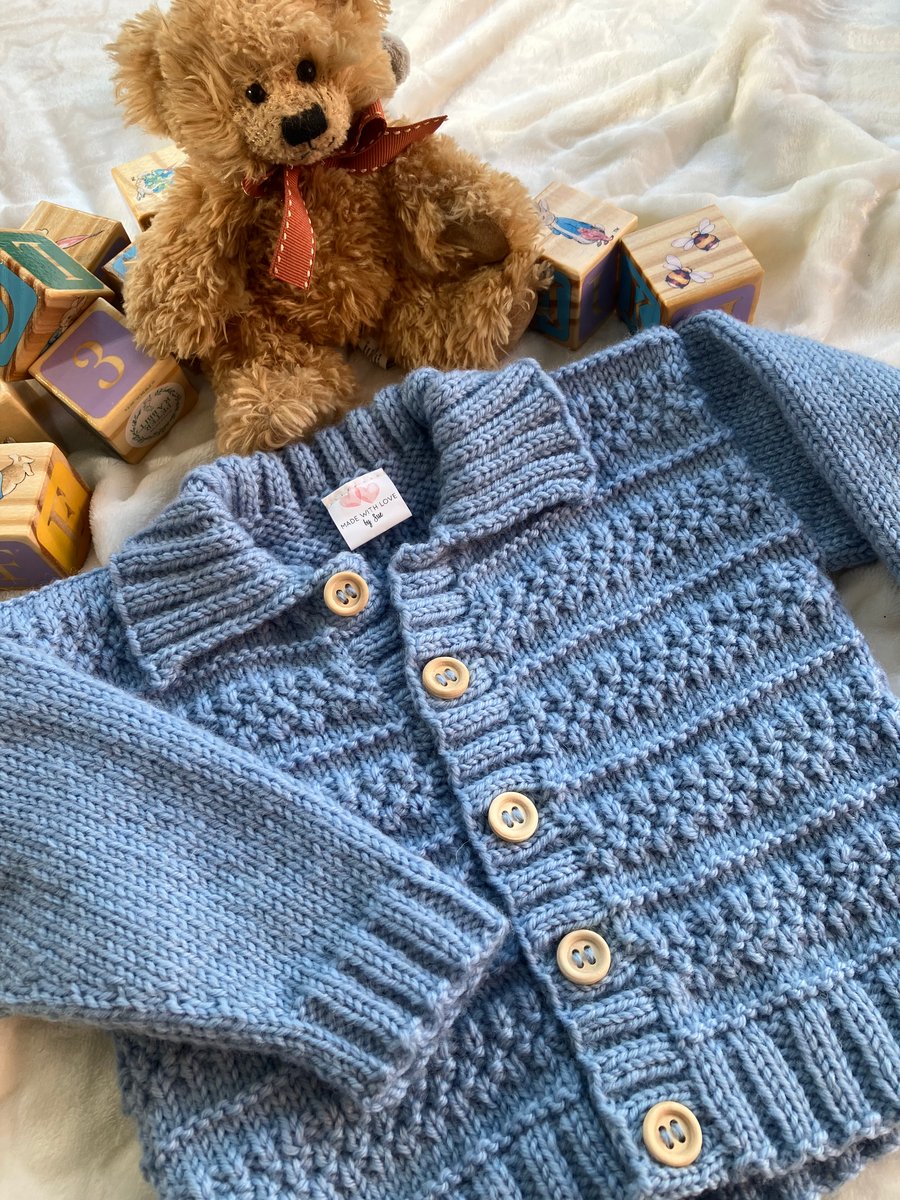 Hand knitted ‘Oliver’ Baby Boy’s Cardigan (6-12 months)
