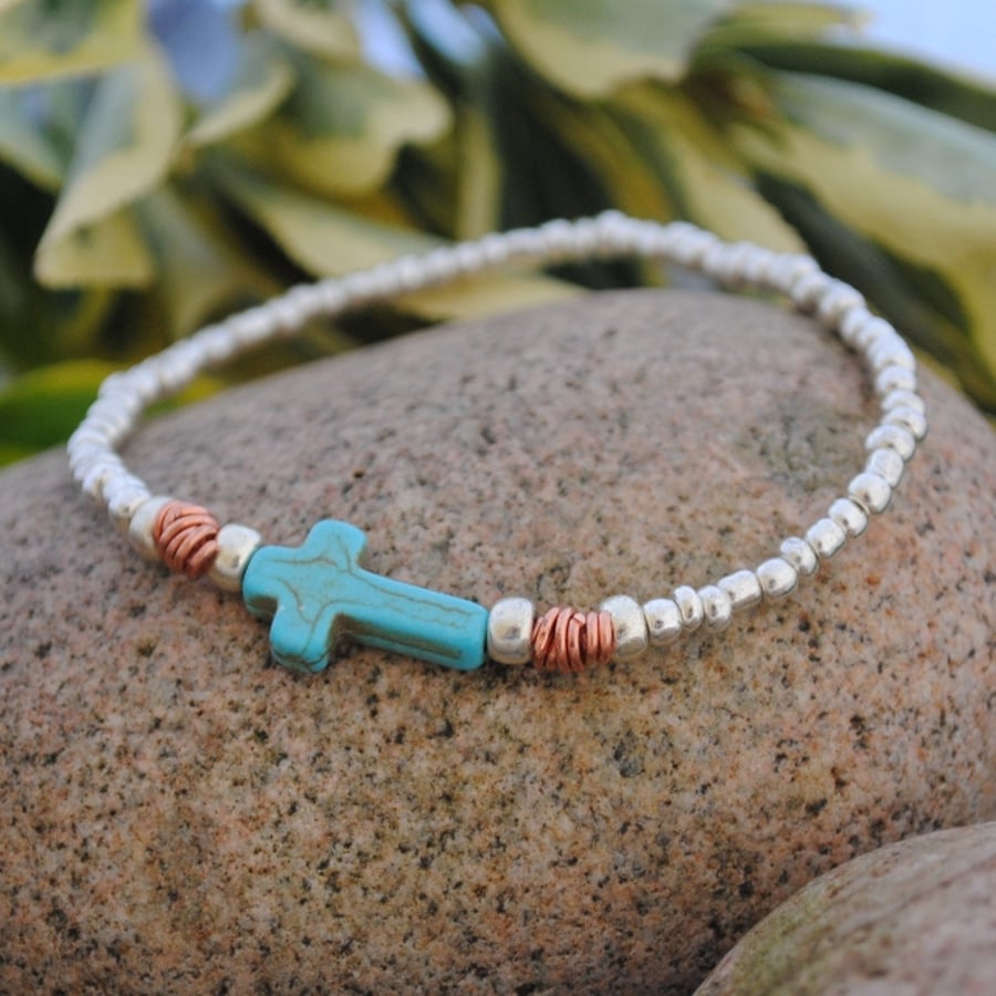 Silver and Cross Stretch bracelet - copper