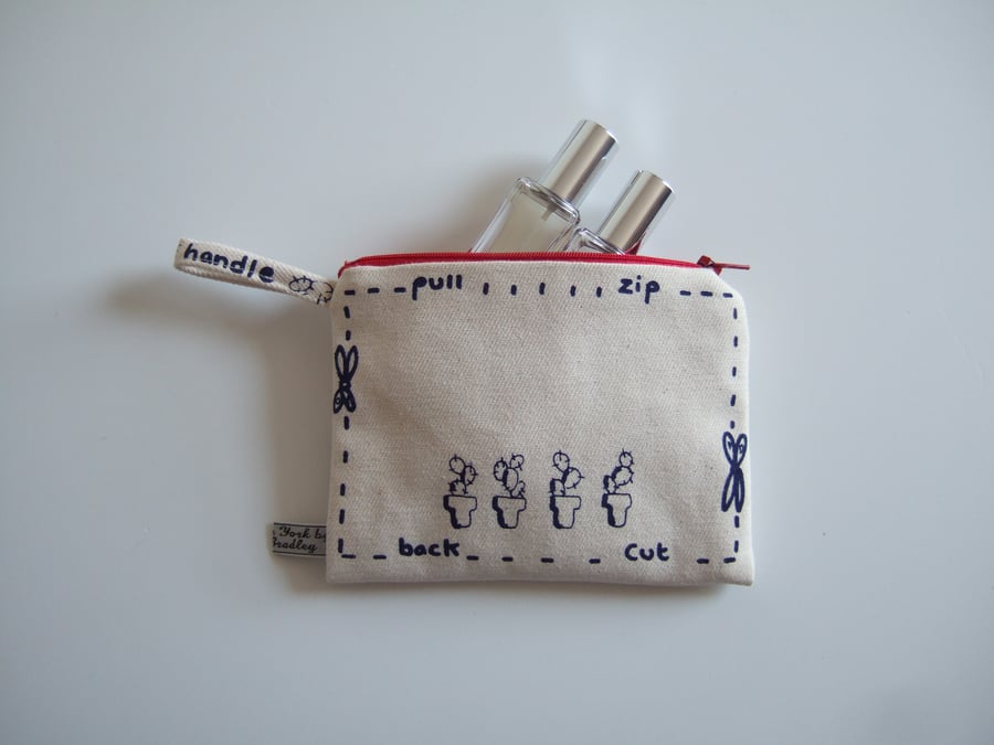 Hand screen printed blue Cowboy make up bag, coin purse, or pouch F20