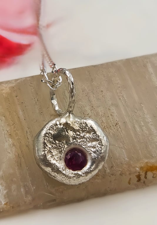 Sterling Silver Molten Ruby Pendant – Organic Silver Necklace