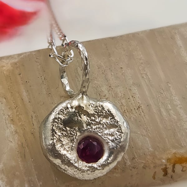 Sterling Silver Molten Ruby Pendant – Organic Silver Necklace