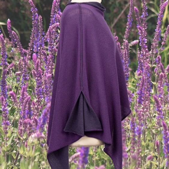 Merino Purple and Violet Reversible poncho. Women's cape. Wedding shawl.