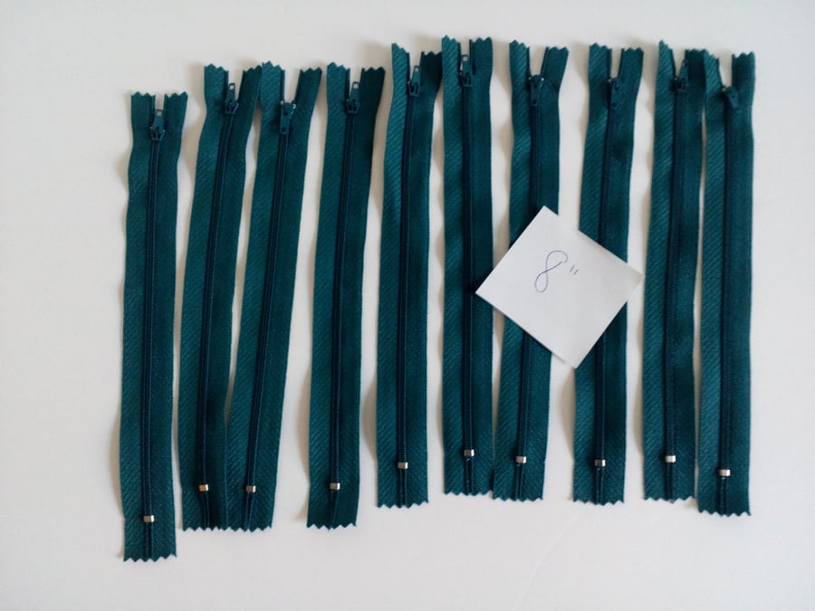 Zip, zips, Pack of 10 teal 8" zips,  teal, zip, 8" zip, 20 cm zip, nylon zip, 
