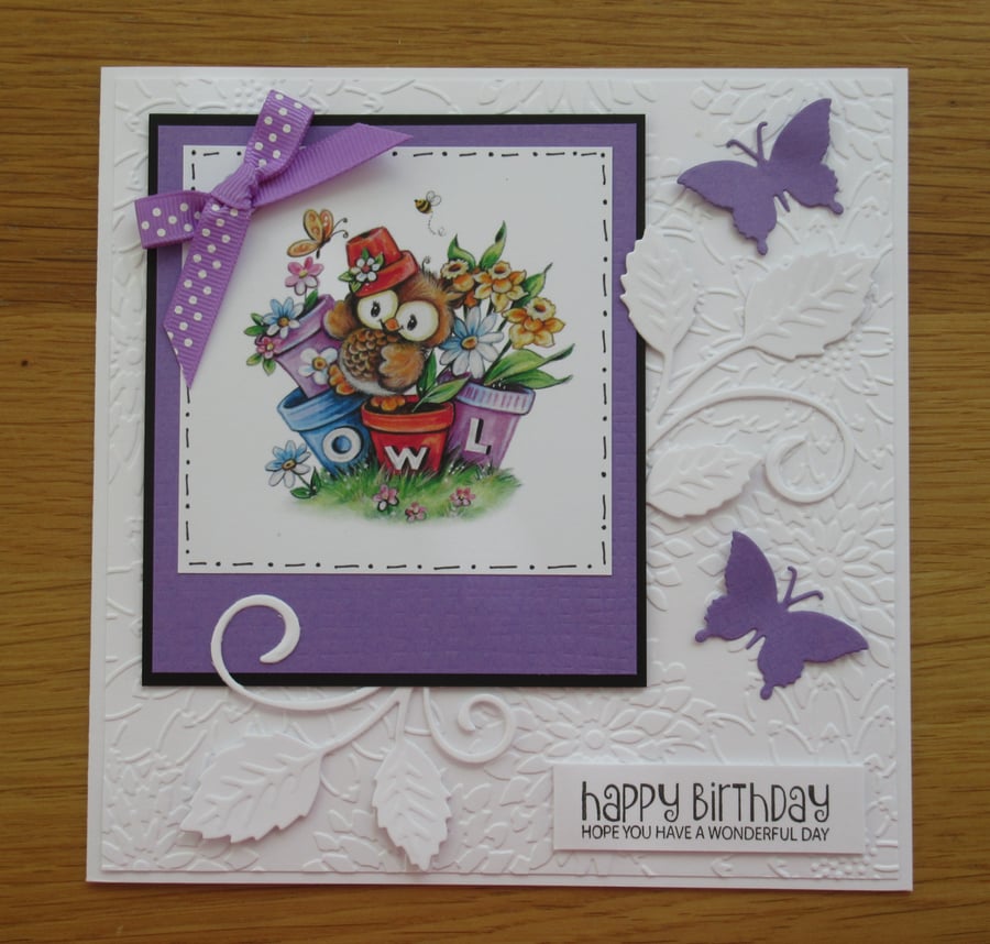 Owl Amongst The Flower Pots - Birthday Card - Purple