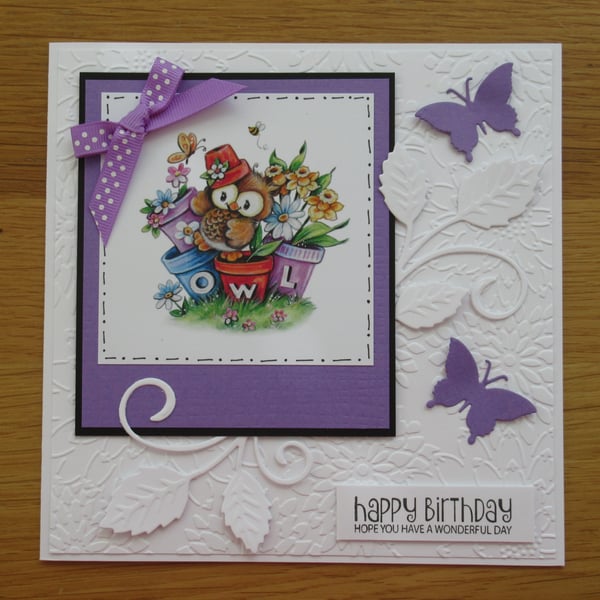 Owl Amongst The Flower Pots - Birthday Card - Purple