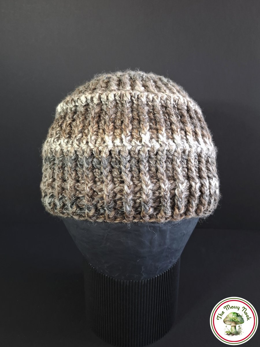Chunky, Wool Blend, Handmade Mens Beanie. Grey Striped Crochet Hat. 