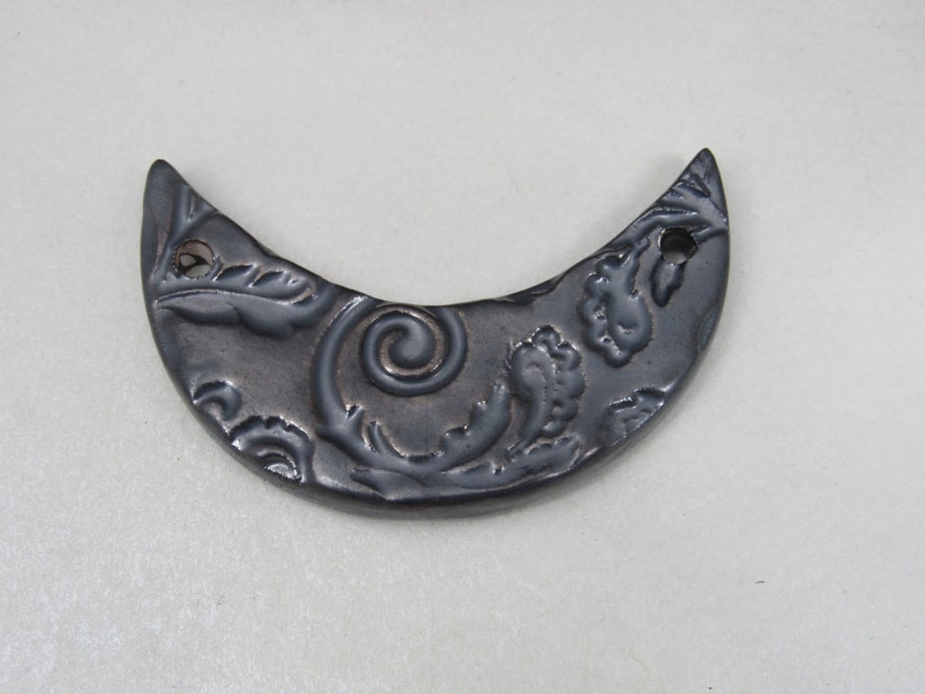 Metallic Pewter Brocade Ceramic Crescent Bib Pendant
