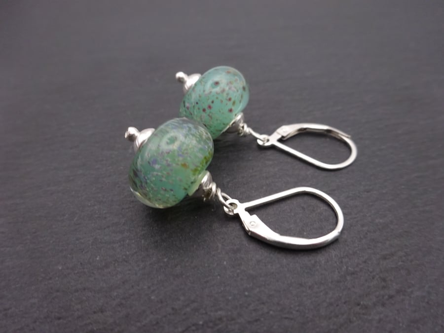 sterling silver lever back earrings, lampwork glass green jewellery