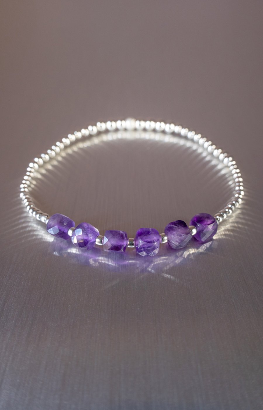 Sterling Silver Stretch Bracelet with Amethyst Cubes