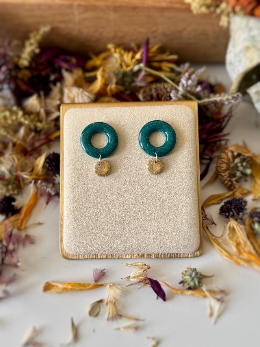 Teal Sparkle Hoops and Gold Circle Drop Earrings 