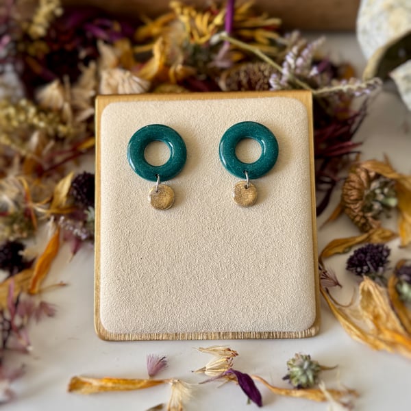 Teal Sparkle Hoops and Gold Circle Drop Earrings 