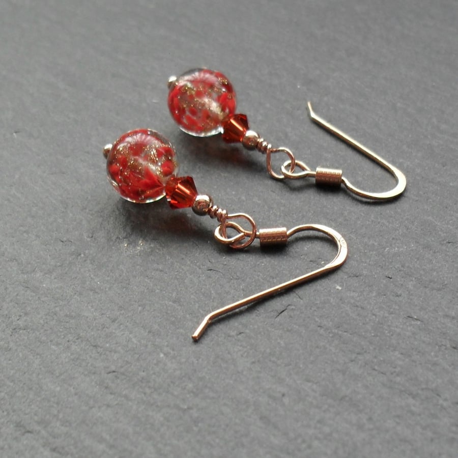 Red Venetian Murano Glass Rose Gold Vermeil Earrings Valentines Gift