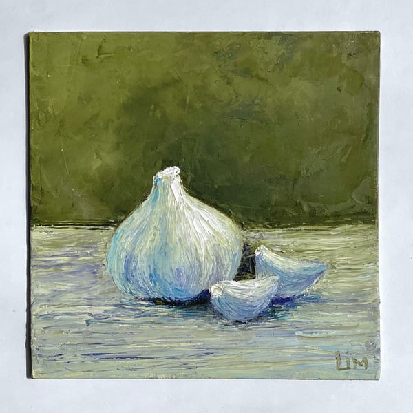 Garlic Painting Original Impasto Kitchen Artwork Food Art Small Vegetable Still 