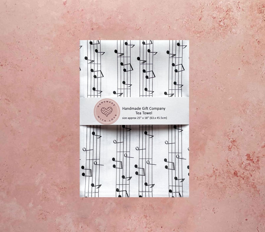Fabric Handmade Pretty Cotton Tea Towel with a Music Theme Design
