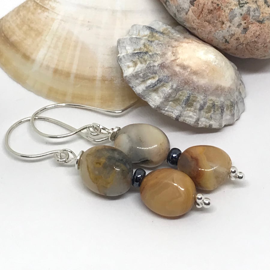 Sterling Silver Earrings, Natural Stone and Hematite