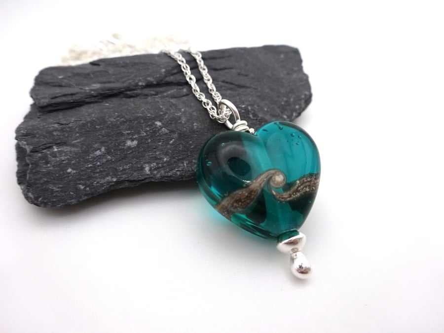 lampwork glass teal heart pendant necklace