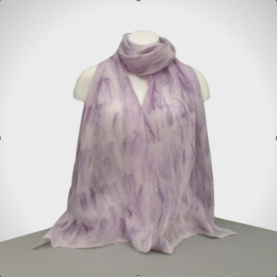 Long lilac nuno felted scarf with purple silk highlights in a gift box - SALE