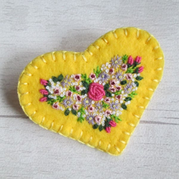 SOLD - Hand Embroidered Summer Flowers Yellow Felt Heart Brooch