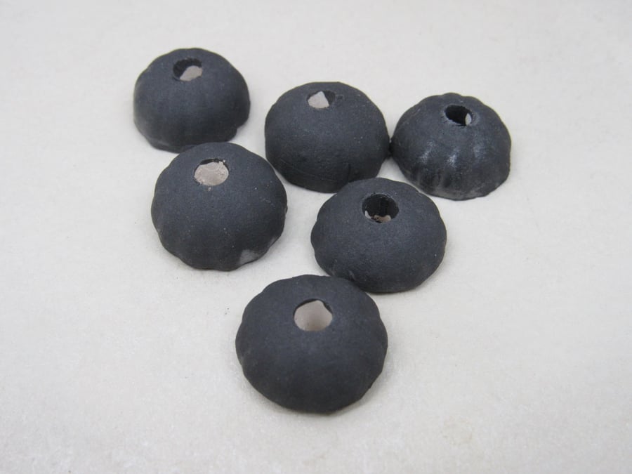 6 Small Matte Black Half-round Ceramic Flower Beads