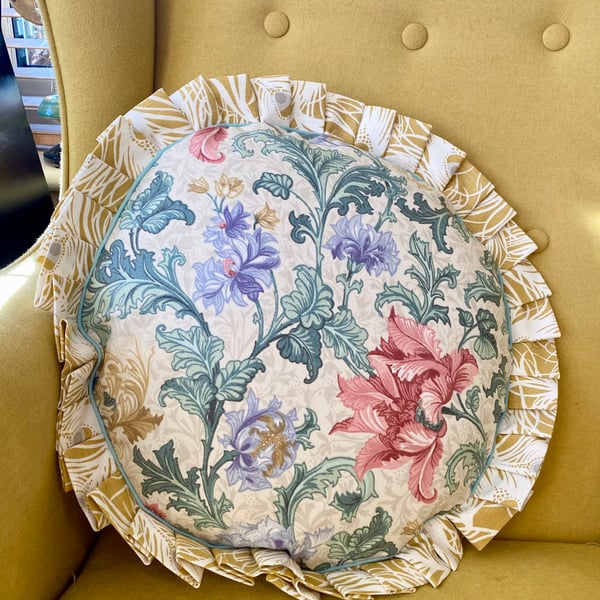  Floral Ruffle frill cushion, circular vintage floral fabric cushion cover,