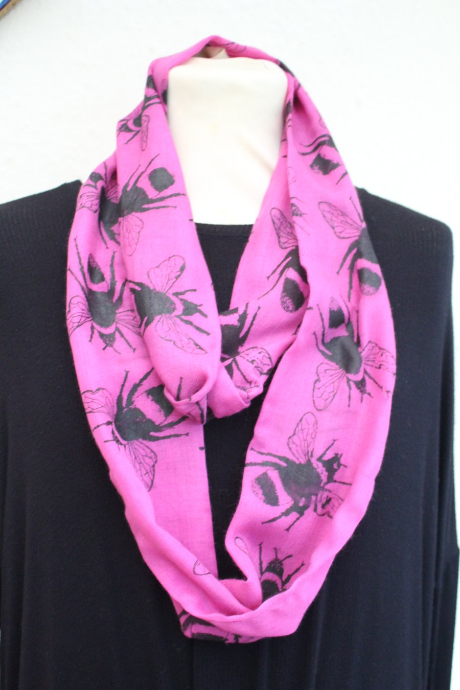 Infinity scarf, pink and black cotton blend soft scarf, handprinted Eco scarf