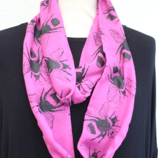 Infinity scarf, pink and black cotton blend soft scarf, handprinted Eco scarf