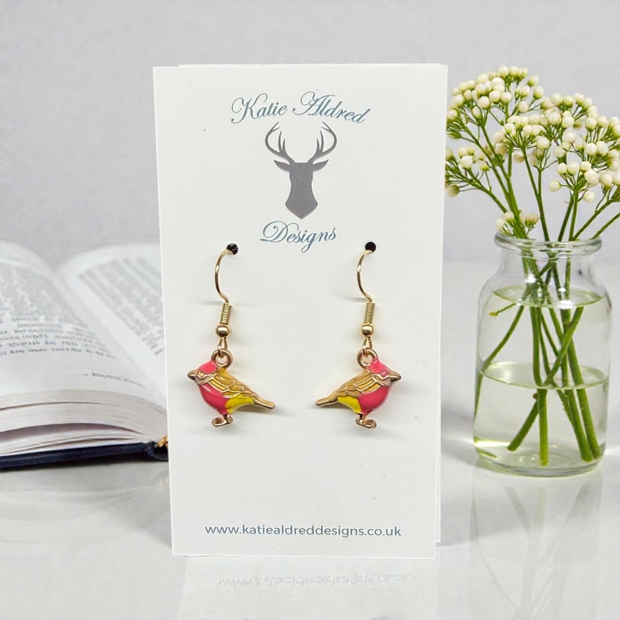 Charm Earrings - 3D Bird - Pink and Yellow