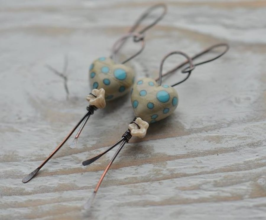 Handmade Copper Earrings with Cream Blue Turquoise Polka Dot Heart Beads