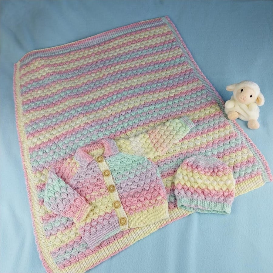 Hand Knitted Baby Blanket, Cardigan and Hat Set in Pastel Rainbow