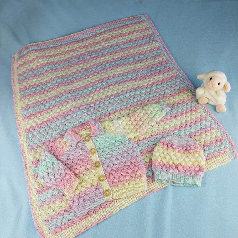 Hand Knitted Baby Blanket, Cardigan and Hat Set in Pastel Rainbow