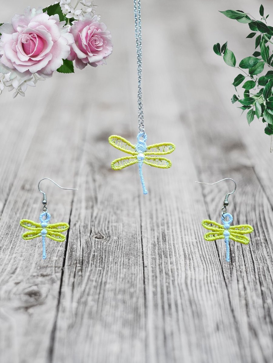 Dragonfly Embroidered Necklace & Earring Set