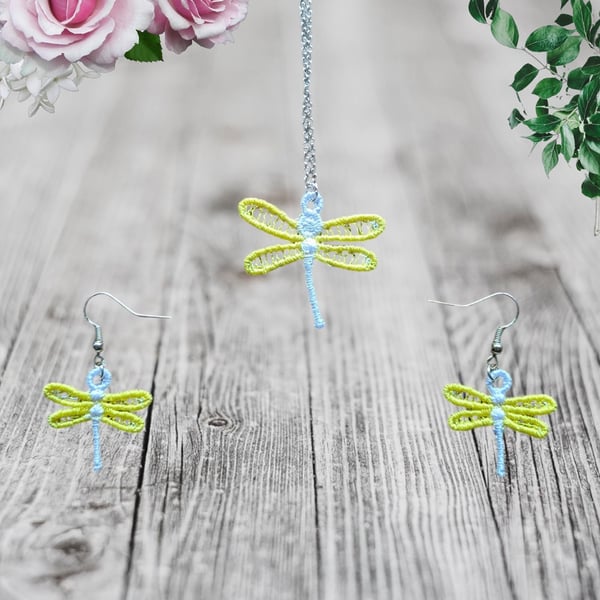 Dragonfly Embroidered Necklace & Earring Set