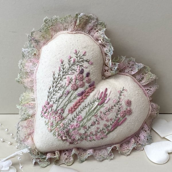 Hand embroidered hanging heart, lace edged wall decor heart