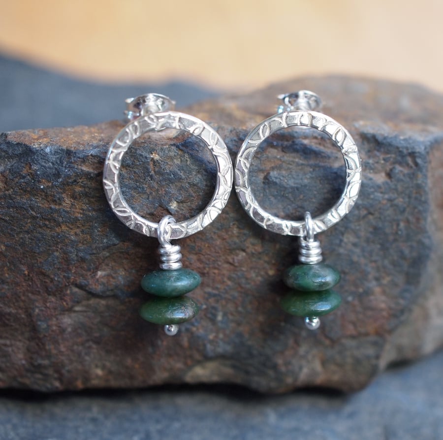 Silver hoop stud earrings, jade earrings