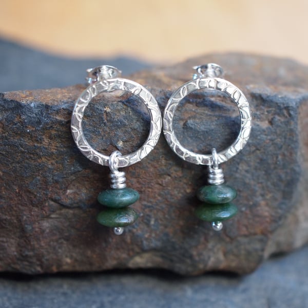 Silver hoop stud earrings, jade earrings