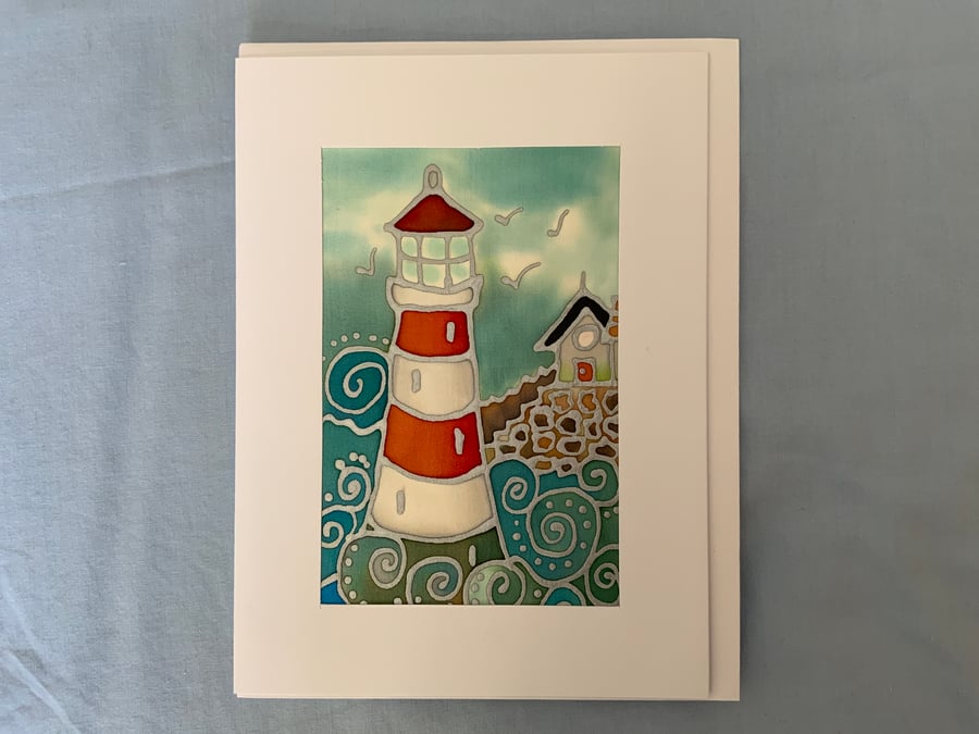 Original Hand painted silk greeting card Lighthouse