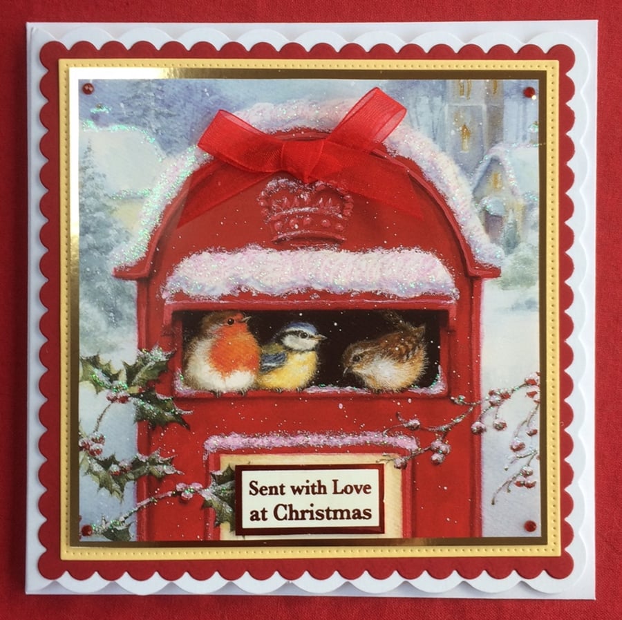 Post Box Christmas Card Robin Blue Tit Sparrow 3D Luxury Handmade
